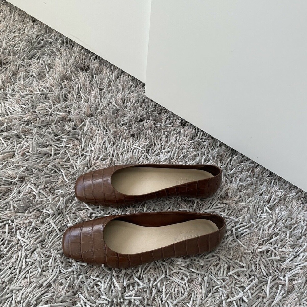 Everlane Toe Flat Leather Brown Crocodile Print Square Women's Sz 11 US❤️ - Picture 6 of 8